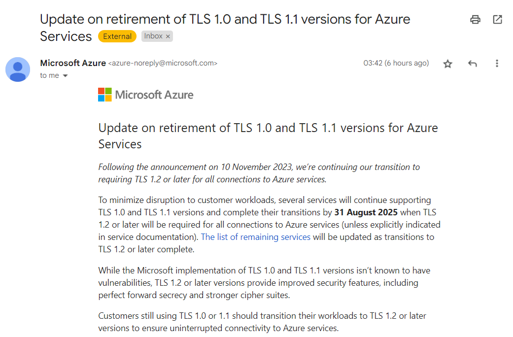 Azure TLS Deprecation Email