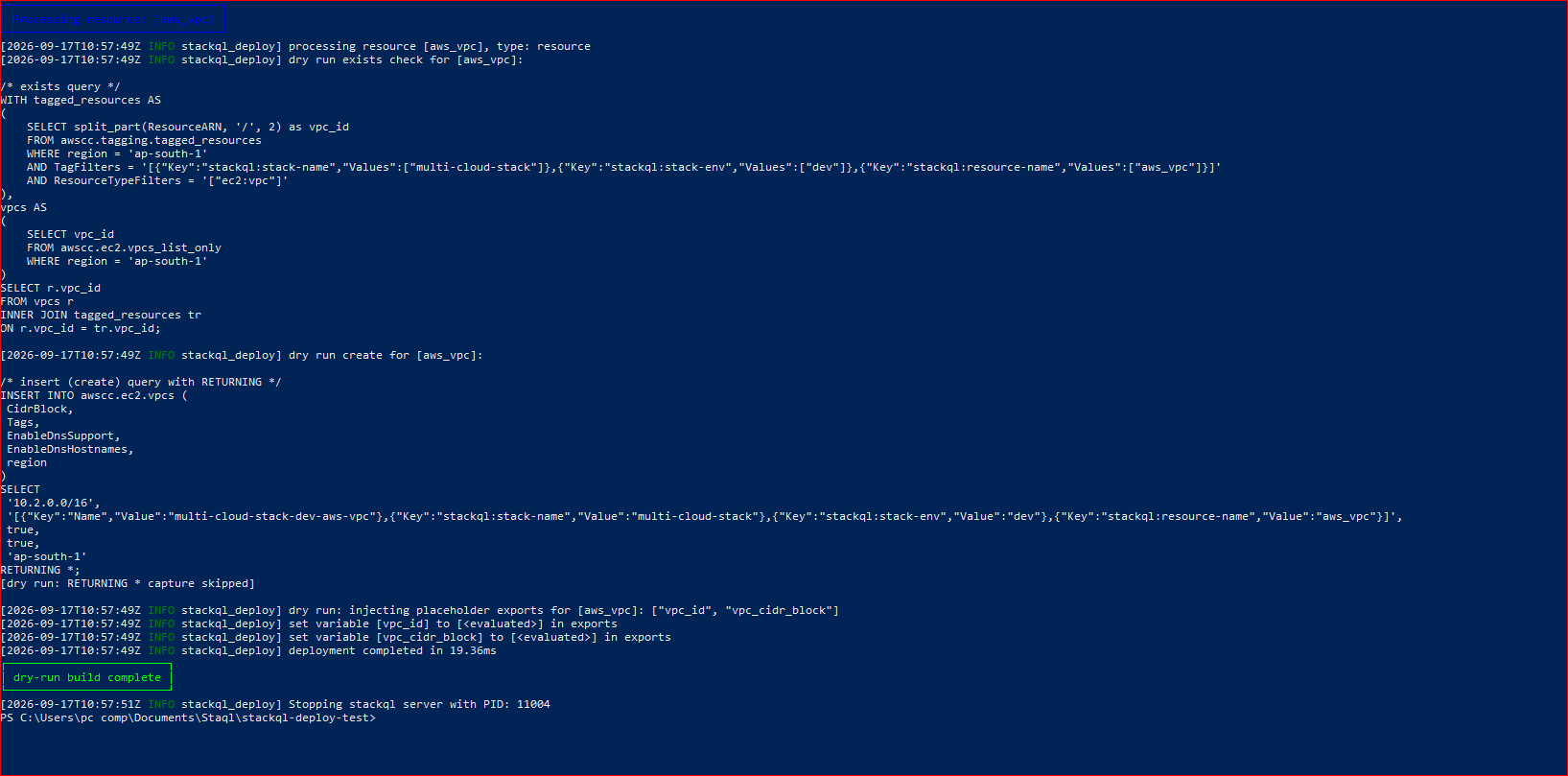 Dry run part 2 output: AWS aws_vpc renders with tag-based exists JOIN and INSERT into awscc.ec2.vpcs for ap-south-1, ending with dry-run build complete