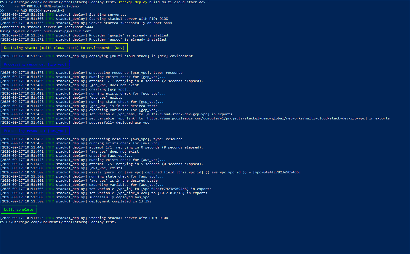 First real multi-cloud build output: gcp_vpc completes exists check, create, statecheck, and exports; then aws_vpc completes the same flow with tag-based exists retry catching the async Cloud Control creation; deployment completed in 13.39 seconds with build complete