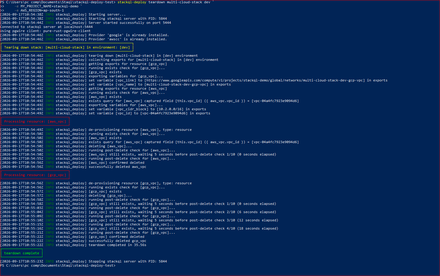 Teardown output showing exports collected for both resources, aws_vpc de-provisioned and confirmed deleted, then gcp_vpc de-provisioned with post-delete checks retrying until confirmed deleted, ending with teardown complete in 35.56 seconds