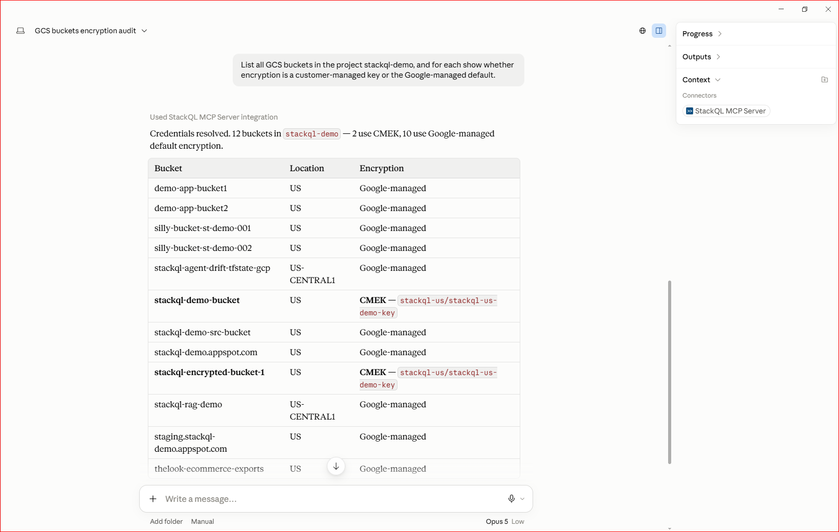 Claude Desktop response showing stackql MCP query result with bucket encryption table