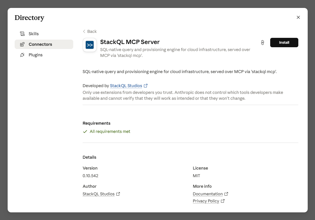 Installing the StackQL connector