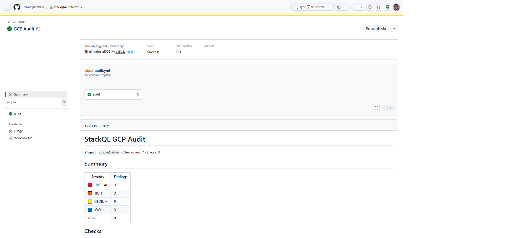 StackQL GCP audit summary rendered inline on the GitHub Actions workflow run page