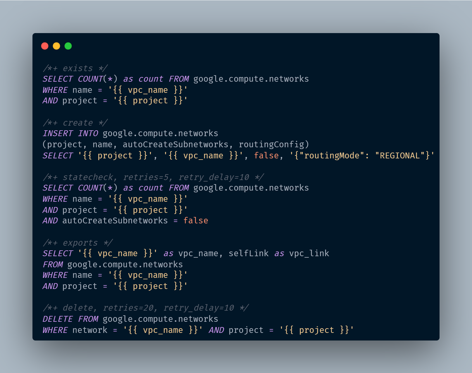 The six anchor blocks in a stackql-deploy resource file: exists, create, statecheck, exports, delete